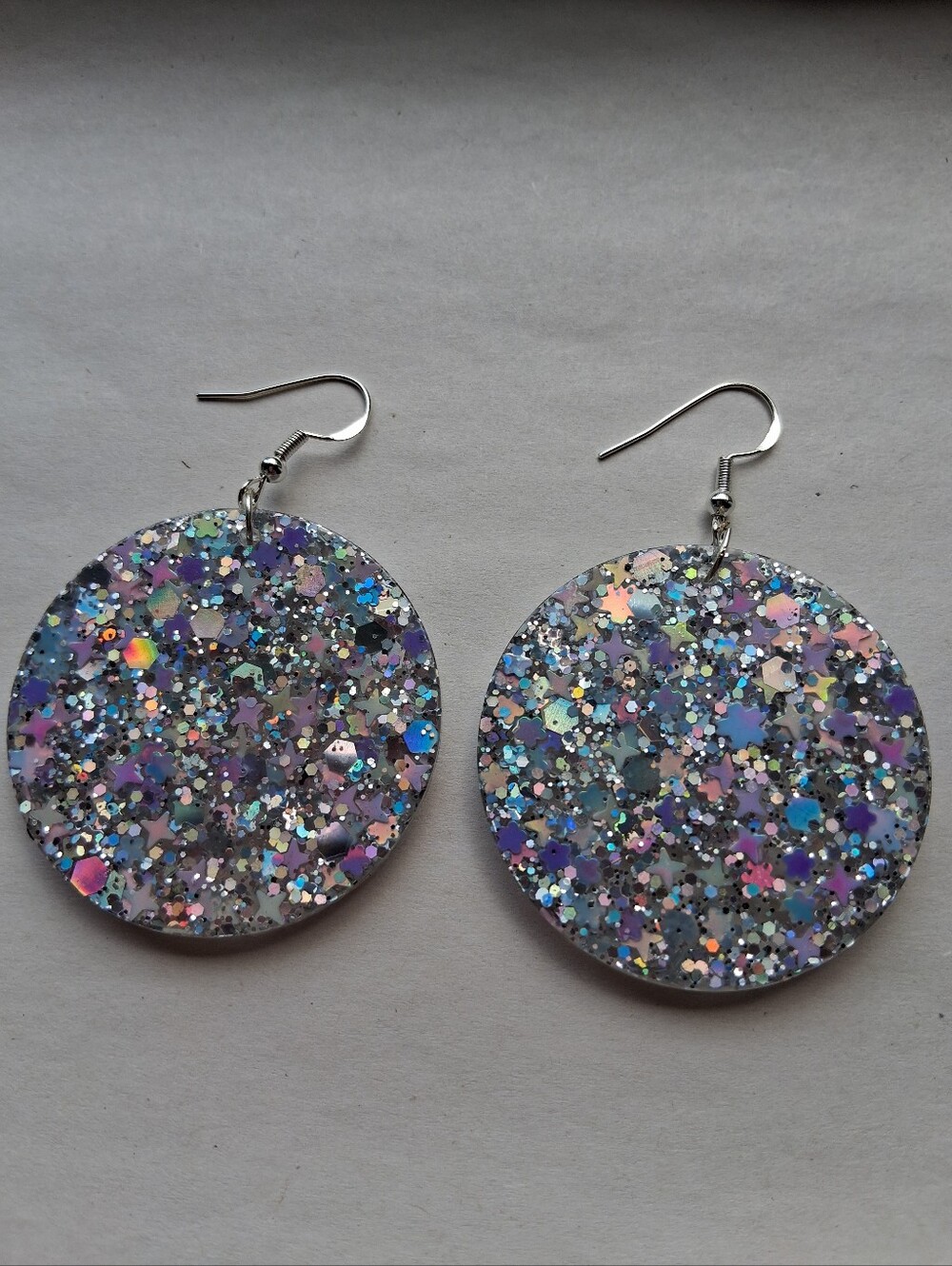 Sparkling Round Glitter Drop Earrings - Silver Holographic